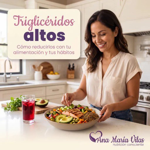 Triglicéridos altos: mujer preparando un plato con pescado, aguacate, verduras y leguminosas