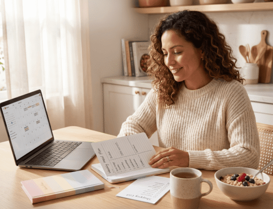 habitos-salud-hormonal-planificacion-comidas-cocina-avena-cafe.jpg Mujer en su cocina con laptop y cuadernos, planificando hábitos de alimentación con un café y un tazón de avena.