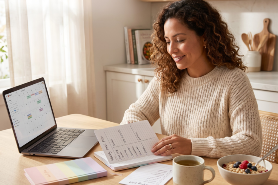 nutricion-fertilidad-sin-miedo-planificacion-cocina-laptop-avena.jpg Mujer en su cocina con laptop y cuadernos, planificando su alimentación para apoyar la fertilidad, con una taza y un tazón de avena en la mesa.